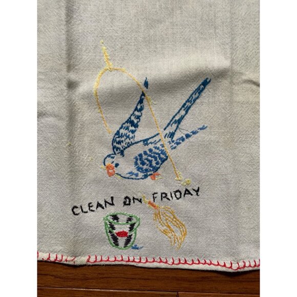 Vintage Clean on Friday Hand Embroidered Bird on Swing Hand Towel - Picture 5 of 8